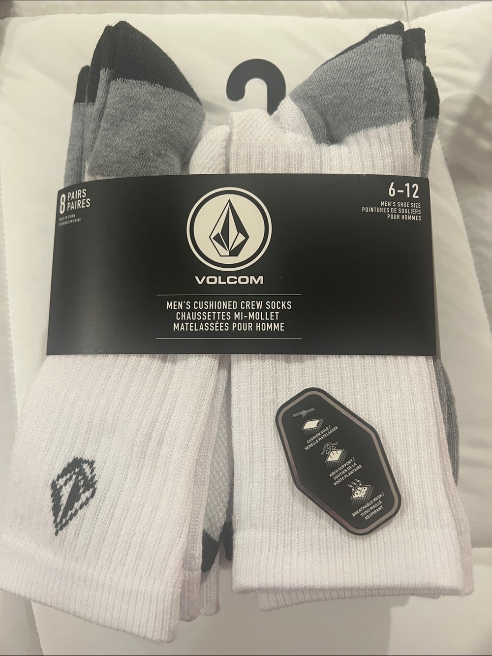 Volcom Men's Cushioned Crew Socks - White & Gray (8-Pack)